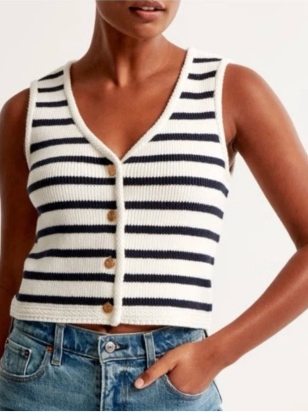 Abercrombie & Fitch Mara Button-Up Sweater Vest in white and dark navy blue